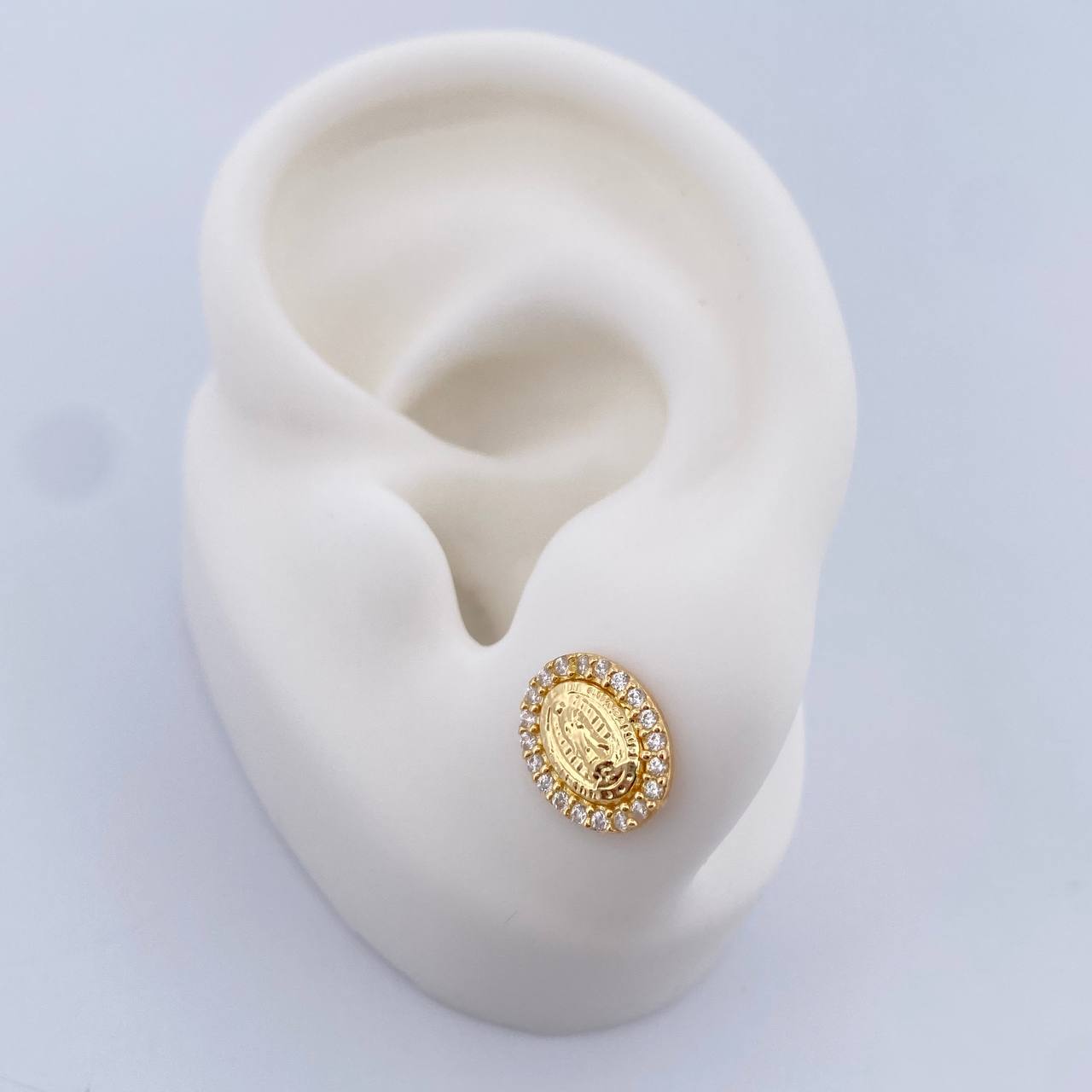 Stud Earrings Virgin Guadalupe 1.45gr / White Zircons 18K Yellow Gold $