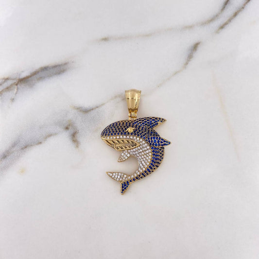 Pendant Shark 14gr / 4.8cm / White Blue Zircons 18K Yellow Gold #