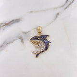 Pendant Shark 14gr / 4.8cm / White Blue Zircons 18K Yellow Gold #