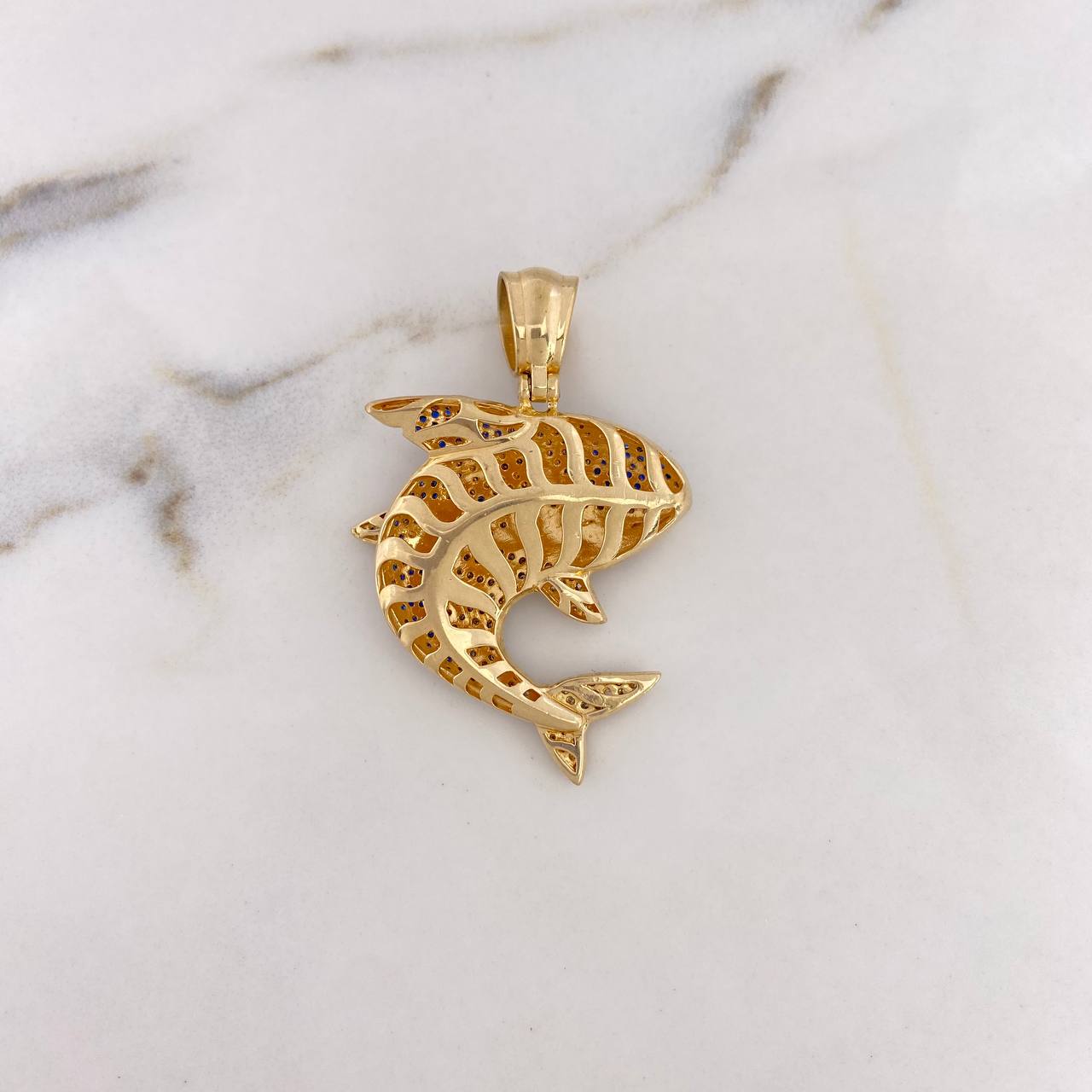 Pendant Shark 14gr / 4.8cm / White Blue Zircons 18K Yellow Gold #