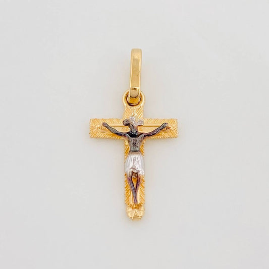 Dije Cruz Cristo 0.9 g / 3/4 in Tres Oros Amarillo Blanco Negro 18K