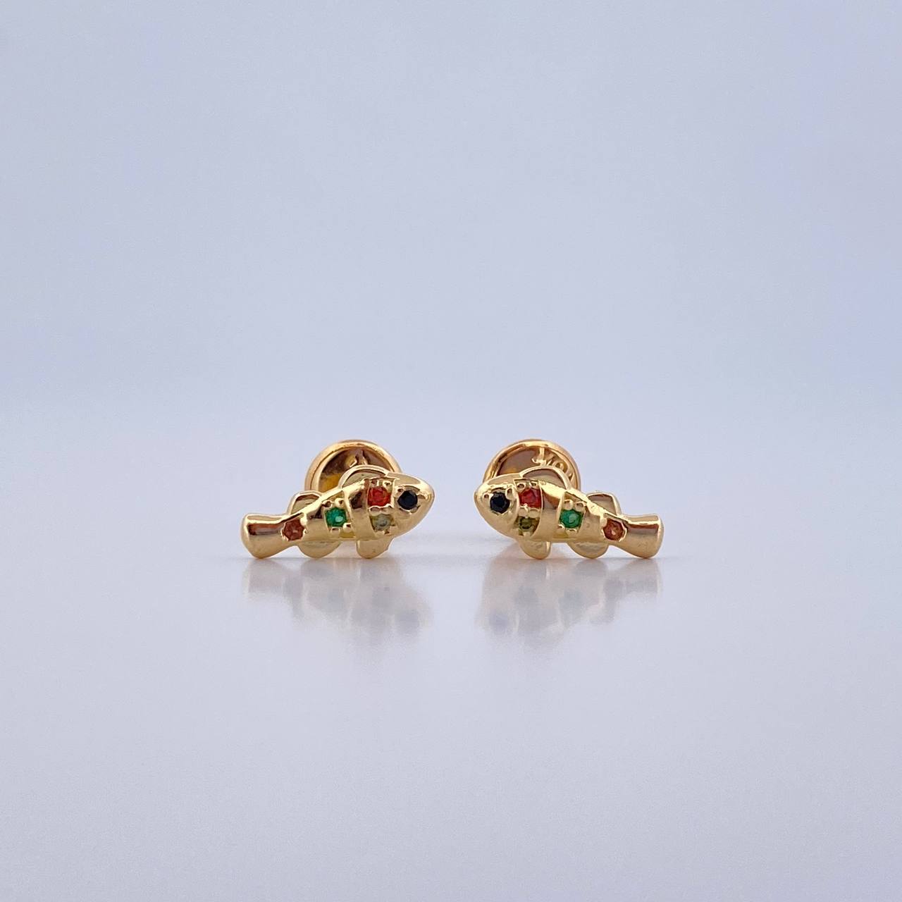 Stud Earrings Fish 1gr / Zircons Orange Yellow Green Brown 18K Yellow Gold &