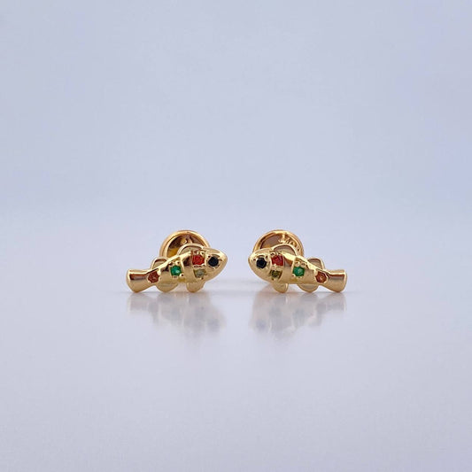 Stud Earrings Fish 1gr / Zircons Orange Yellow Green Brown 18K Yellow Gold &