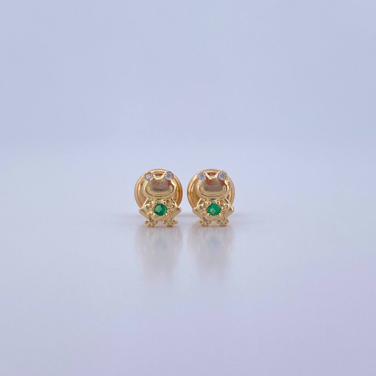 Stud Earrings Frog 0.65gr / Green and White Zircons 18K Yellow Gold &