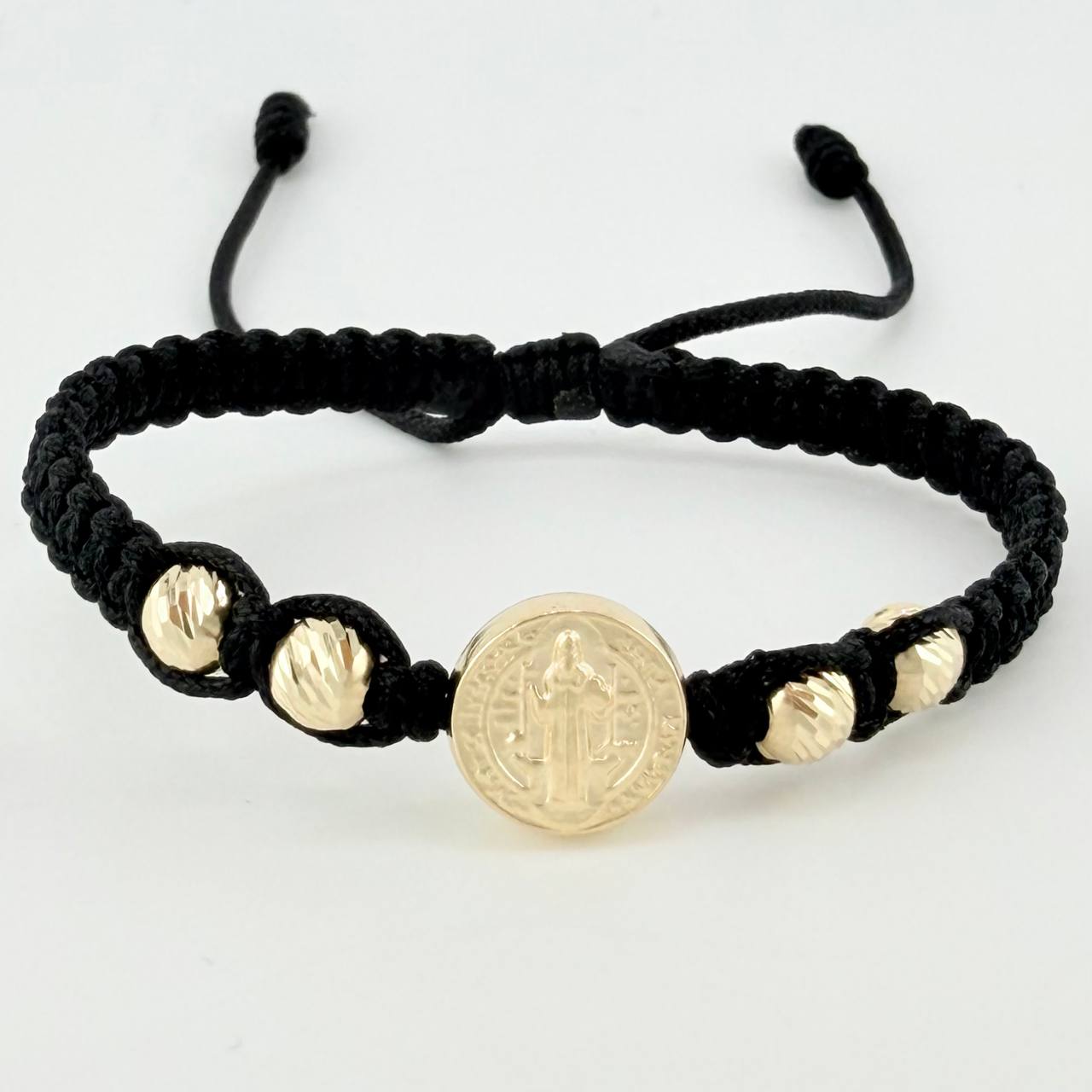 Pulsera Tejida Negra Herraje San Benito Bolas Diamantadas 5Mm / 4 Und Oro Amarillo 18K