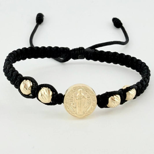 Pulsera Tejida Negra Herraje San Benito Bolas Diamantadas 5Mm / 4 Und Oro Amarillo 18K
