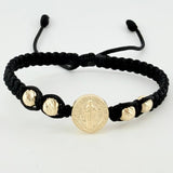 Pulsera Tejida Negra Herraje San Benito Bolas Diamantadas 5Mm / 4 Und Oro Amarillo 18K