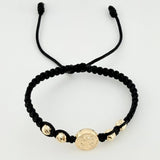Pulsera Tejida Negra Herraje San Benito Bolas Diamantadas 5Mm / 4 Und Oro Amarillo 18K