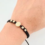 Pulsera Tejida Negra Herraje San Benito Bolas Diamantadas 5Mm / 4 Und Oro Amarillo 18K