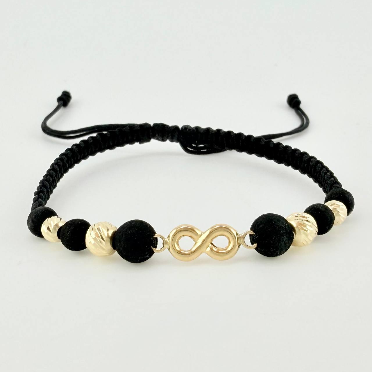 Pulsera Tejida Negra Herraje Infinito Bolas Diamantadas 4Mm-5Mm / 4 Und Oro Amarillo 18K
