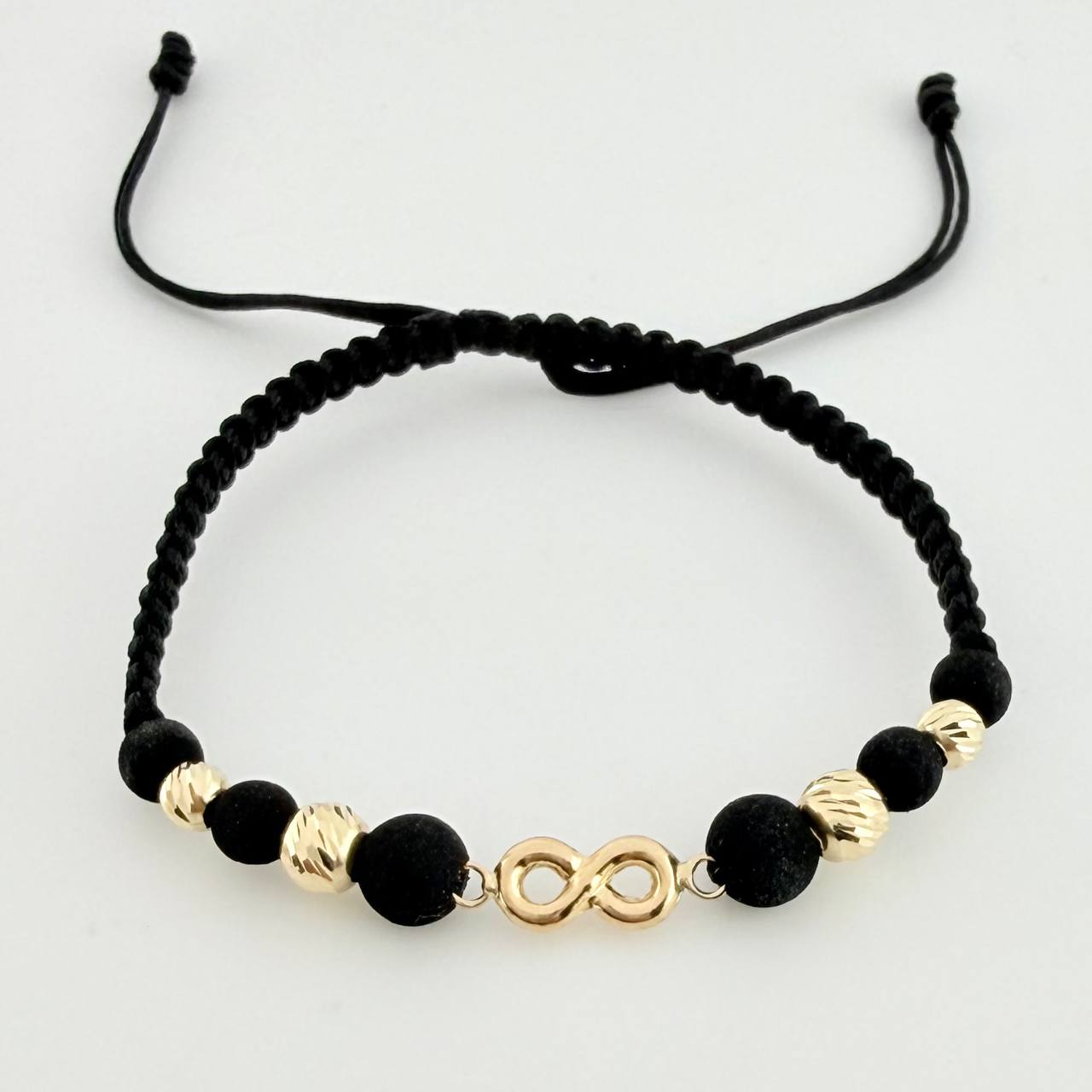 Pulsera Tejida Negra Herraje Infinito Bolas Diamantadas 4Mm-5Mm / 4 Und Oro Amarillo 18K
