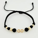 Pulsera Tejida Negra Herraje Infinito Bolas Diamantadas 4Mm-5Mm / 4 Und Oro Amarillo 18K