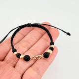 Pulsera Tejida Negra Herraje Infinito Bolas Diamantadas 4Mm-5Mm / 4 Und Oro Amarillo 18K