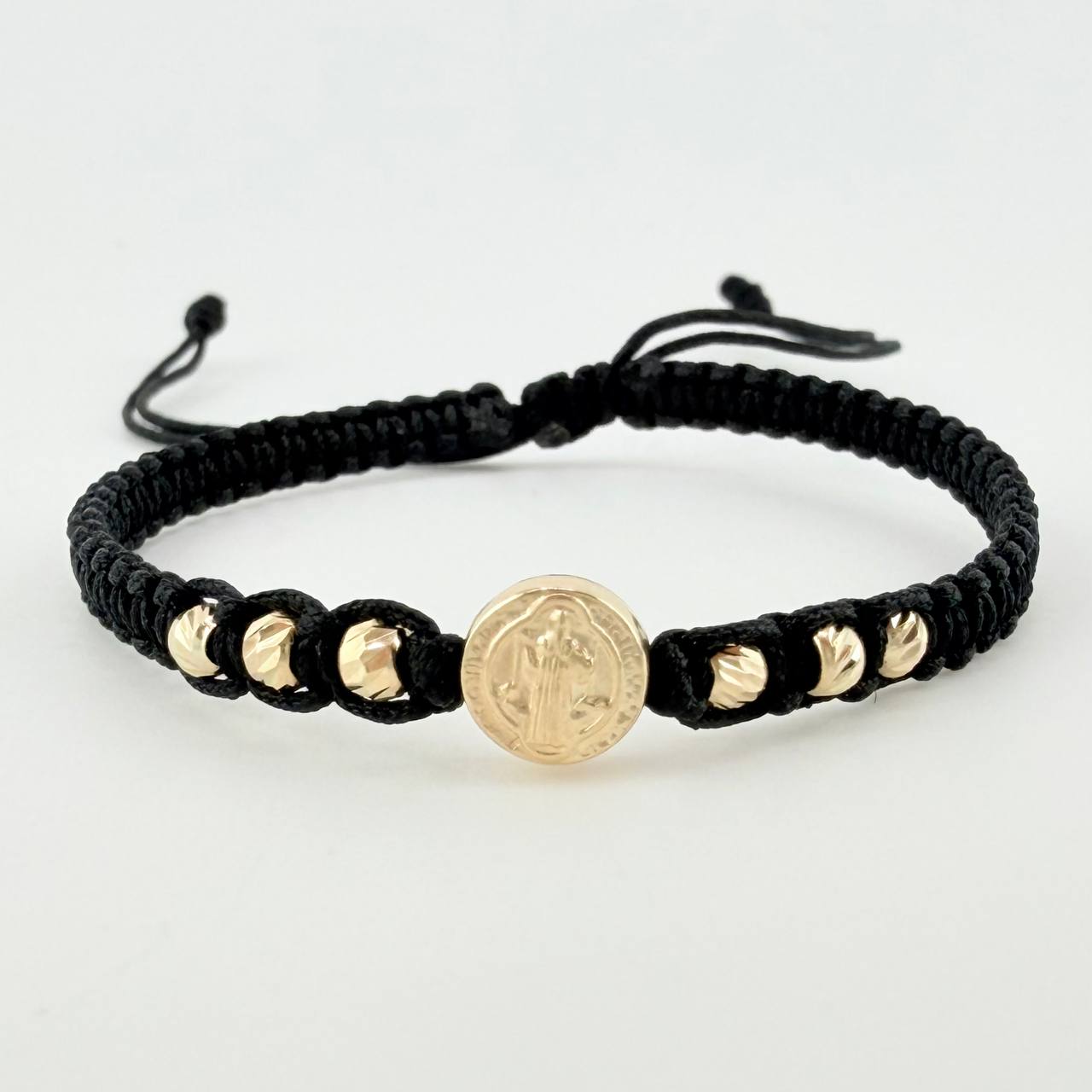 Pulsera Tejida Negra Herraje San Benito Bolas Diamantadas 3Mm / 6 Und Oro Amarillo 18K