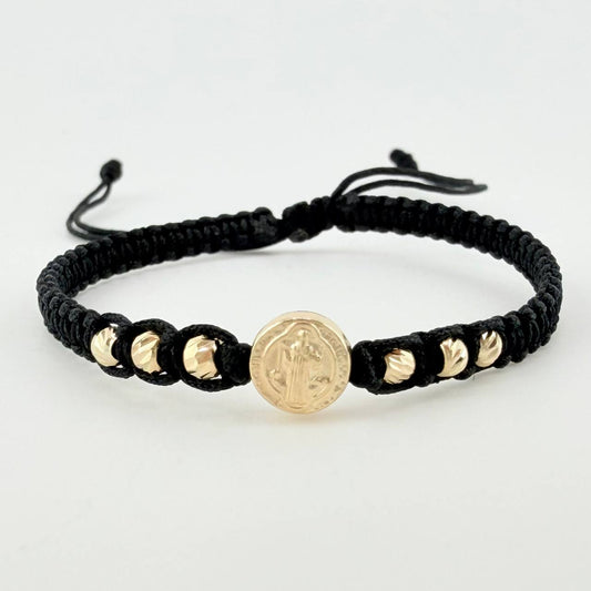 Pulsera Tejida Negra Herraje San Benito Bolas Diamantadas 3Mm / 6 Und Oro Amarillo 18K