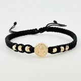 Pulsera Tejida Negra Herraje San Benito Bolas Diamantadas 3Mm / 6 Und Oro Amarillo 18K