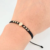 Pulsera Tejida Negra Herraje San Benito Bolas Diamantadas 3Mm / 6 Und Oro Amarillo 18K