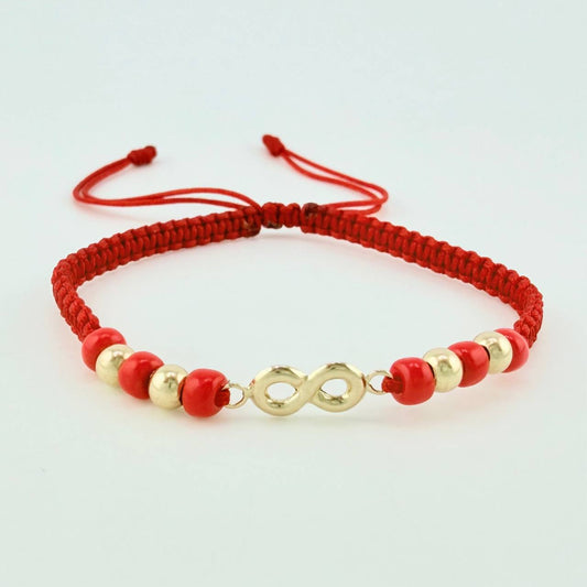 Pulsera Tejida Roja Herraje Infinito Bolas Lisas 4Mm / 4 Und Oro Amarillo 18K