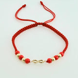 Pulsera Tejida Roja Herraje Infinito Bolas Lisas 4Mm / 4 Und Oro Amarillo 18K