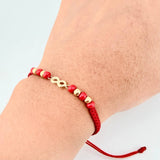 Pulsera Tejida Roja Herraje Infinito Bolas Lisas 4Mm / 4 Und Oro Amarillo 18K