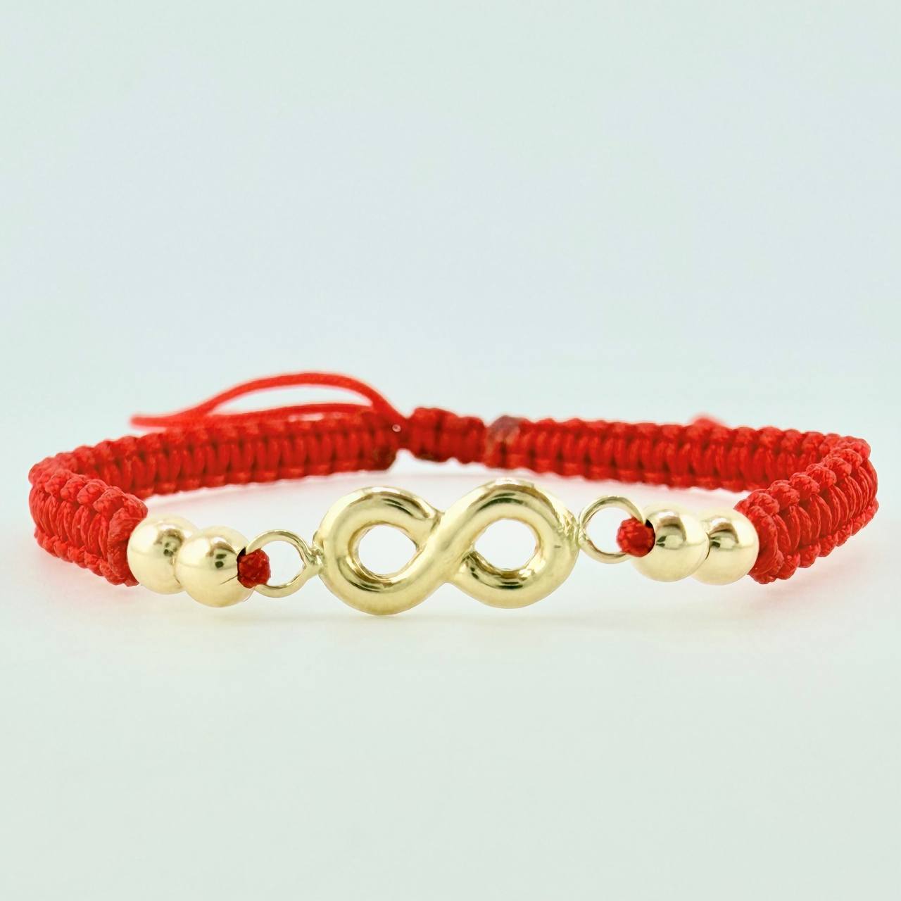 Pulsera Tejida Roja Herraje Infinito Bolas Lisas 3Mm / 4 Und Oro Amarillo 18K