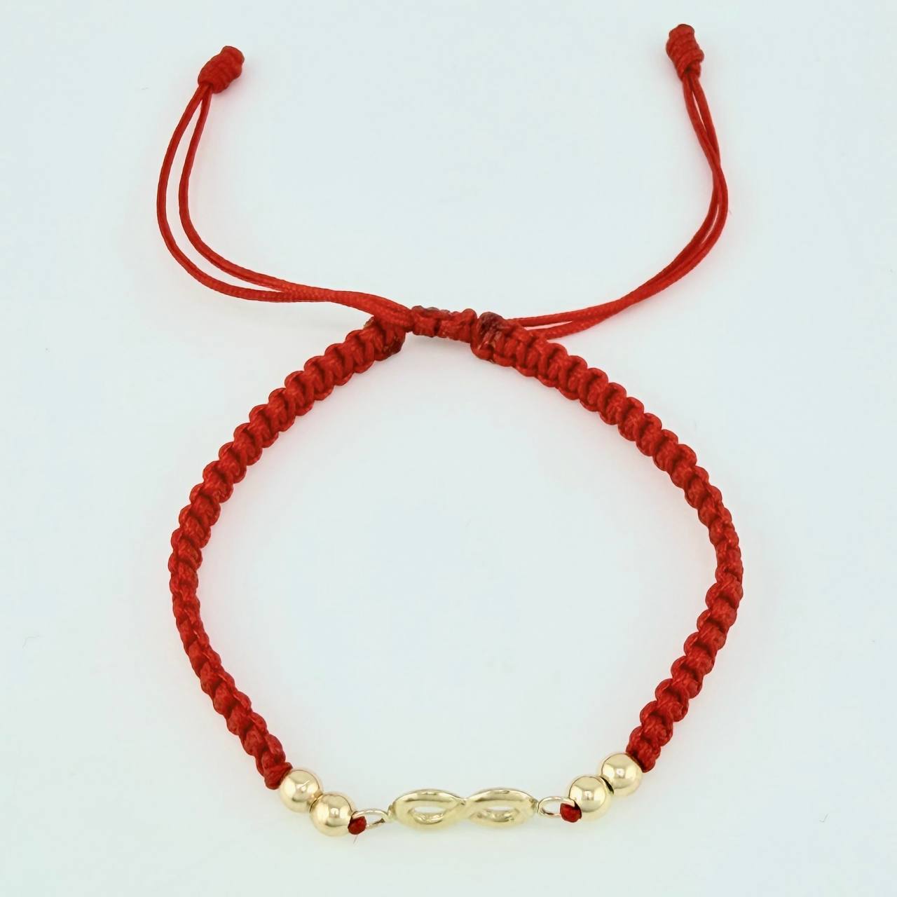 Pulsera Tejida Roja Herraje Infinito Bolas Lisas 3Mm / 4 Und Oro Amarillo 18K
