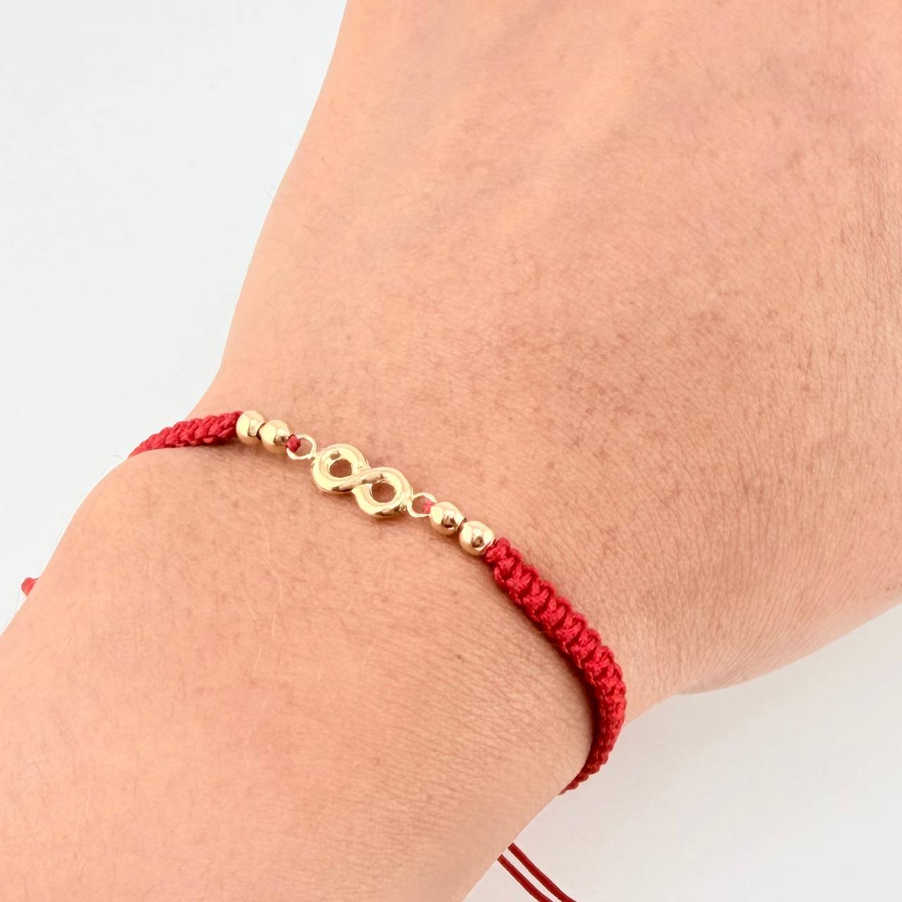 Pulsera Tejida Roja Herraje Infinito Bolas Lisas 3Mm / 4 Und Oro Amarillo 18K