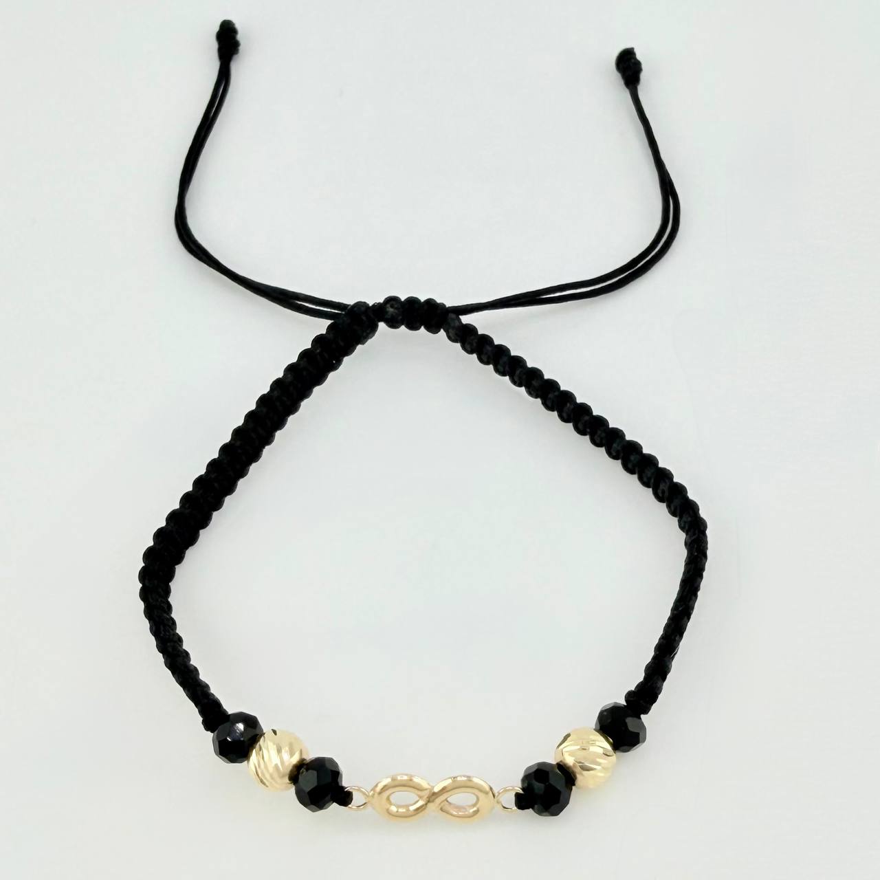 Pulsera Tejida Negra Herraje Infinito Bolas Diamantadas 5Mm / 2 Und Oro Amarillo 18K