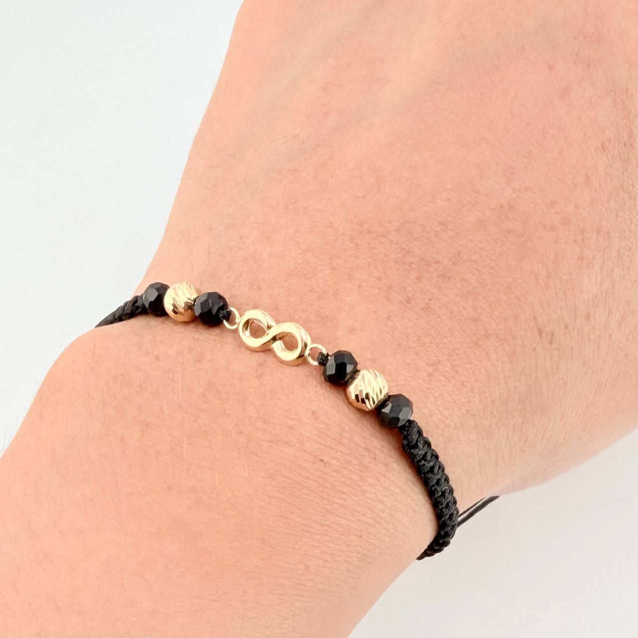 Pulsera Tejida Negra Herraje Infinito Bolas Diamantadas 5Mm / 2 Und Oro Amarillo 18K