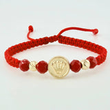 Pulsera Tejida Roja Herraje Circulo Corona Bolas Diamantadas 5Mm / 2 Und Oro Amarillo 18K
