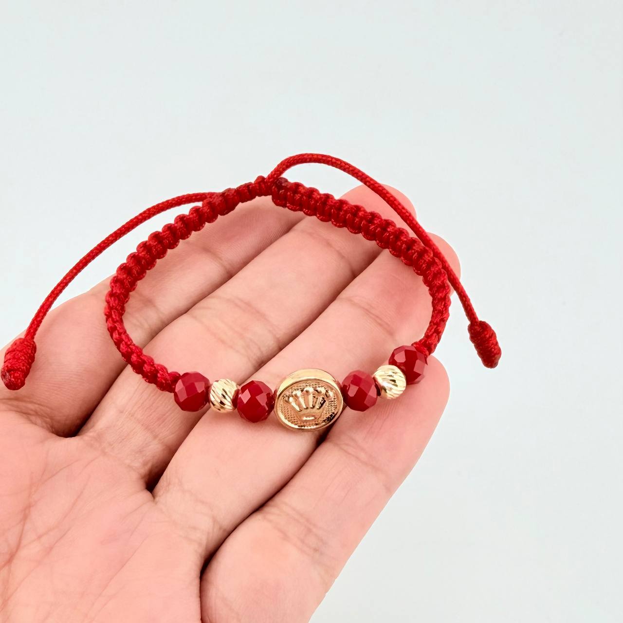 Pulsera Tejida Roja Herraje Circulo Corona Bolas Diamantadas 5Mm / 2 Und Oro Amarillo 18K