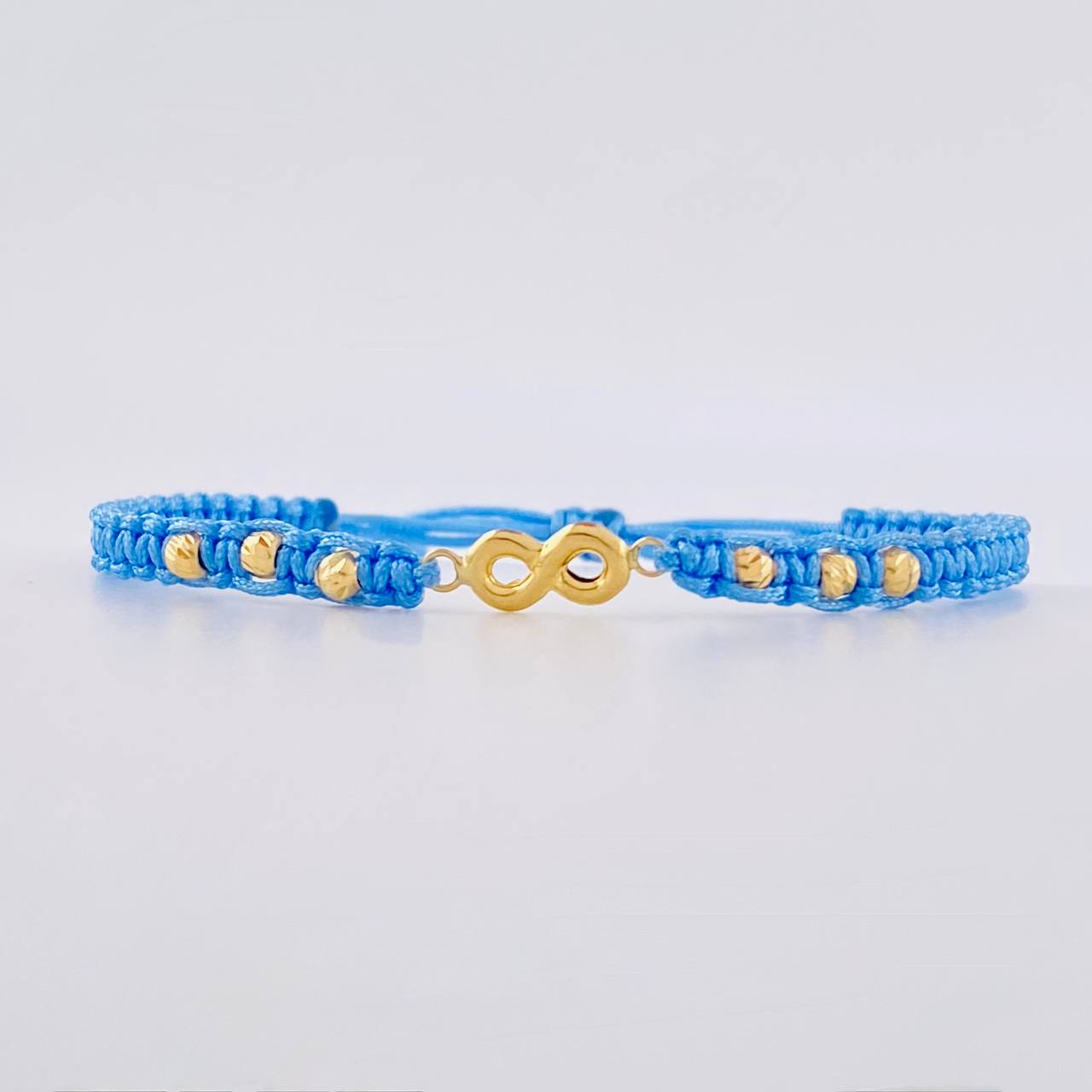 Pulsera Tejida Azul Herraje Infinito Bolas Diamantadas 3Mm / 6Und Oro Amarillo 18K