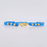 Pulsera Tejida Azul Herraje Infinito Bolas Diamantadas 3Mm / 6Und Oro Amarillo 18K