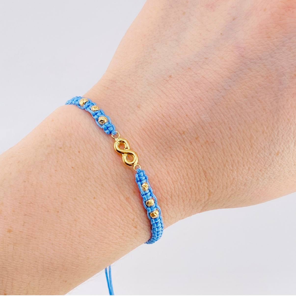 Pulsera Tejida Azul Herraje Infinito Bolas Diamantadas 3Mm / 6Und Oro Amarillo 18K