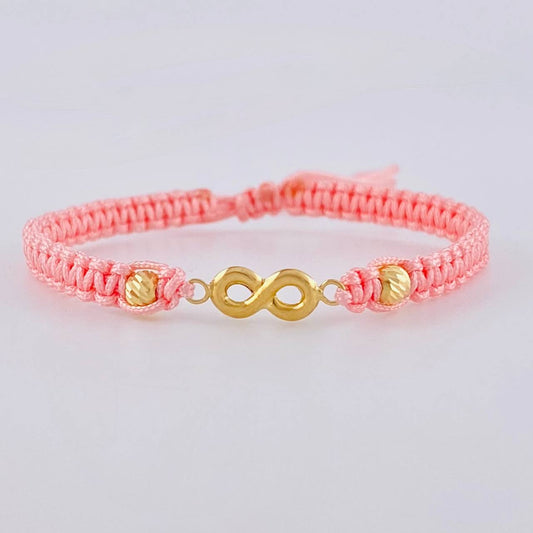 Pulsera Tejida Rosada Herraje Infinito Bolas Diamantadas 4Mm / 2 Und Oro Amarillo 18K