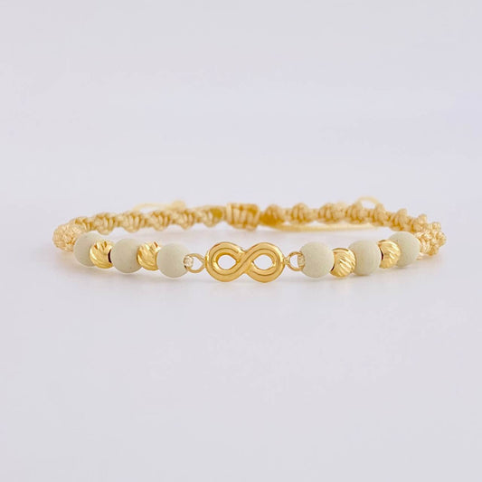 Pulsera Tejida Beige Herraje Infinito Bolas Diamantadas 4Mm / 4 Und Oro Amarillo 18K