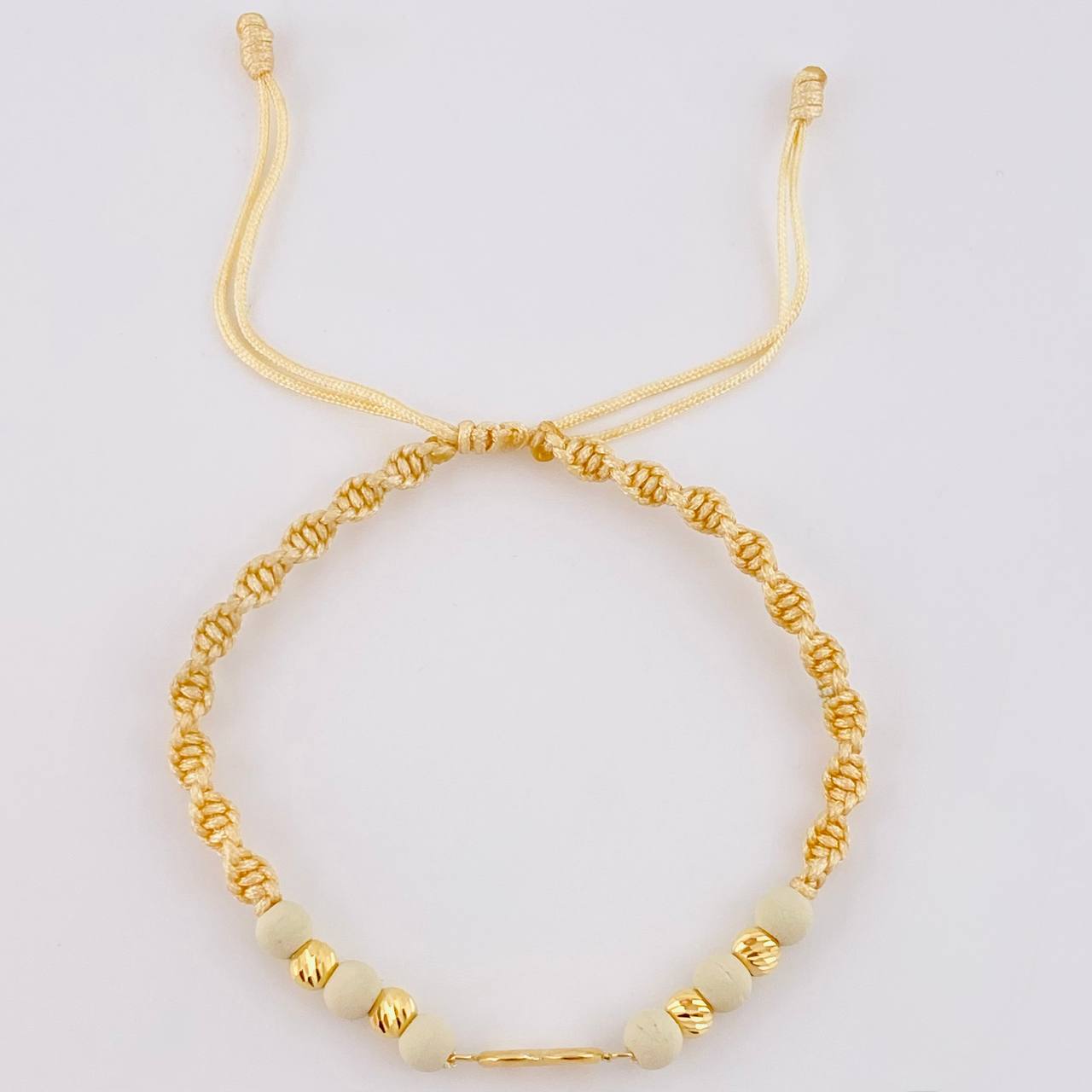 Pulsera Tejida Beige Herraje Infinito Bolas Diamantadas 4Mm / 4 Und Oro Amarillo 18K