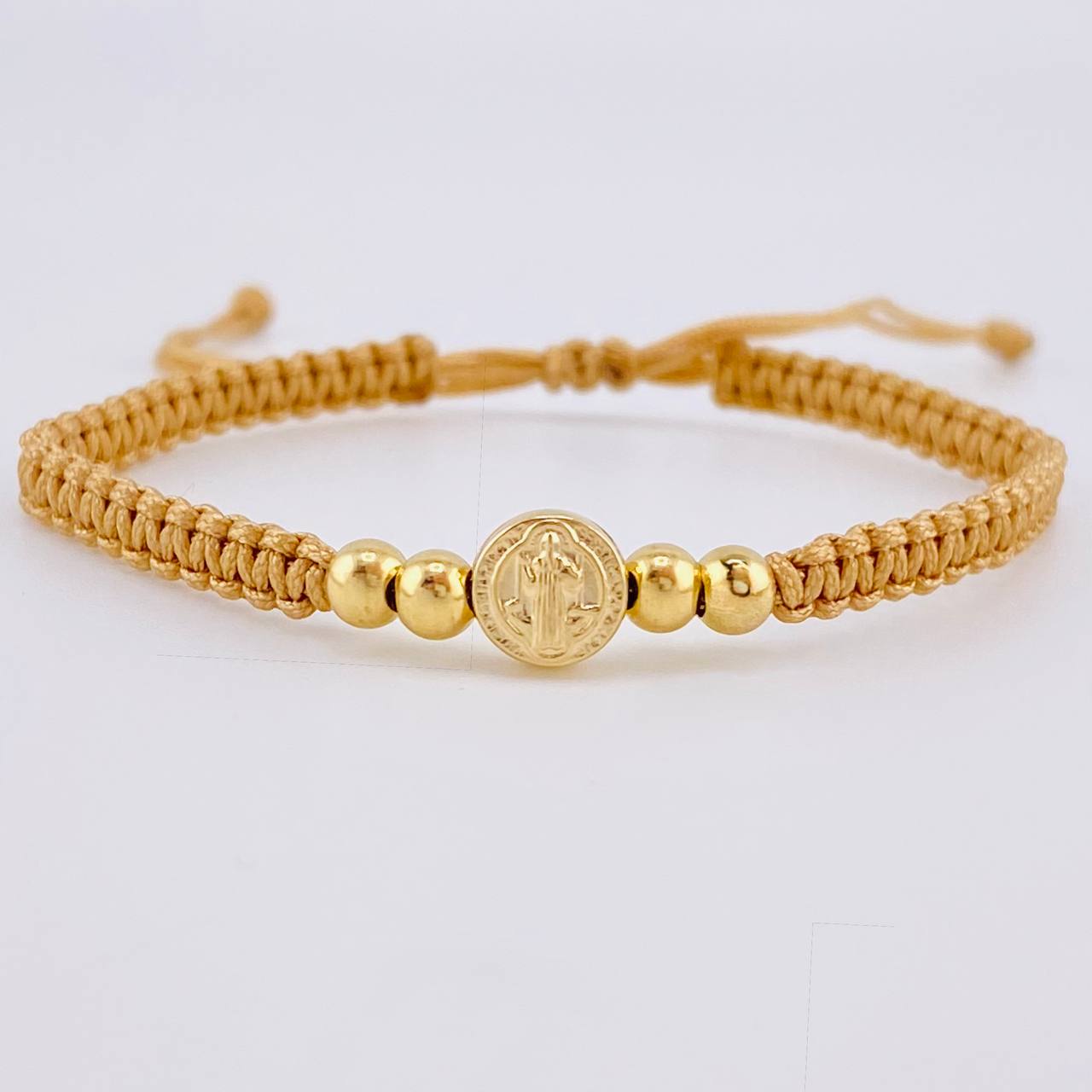 Pulsera Tejida Cafe Herraje San Benito Bolas Lisas 4Mm / 4 Und Oro Amarillo 18K