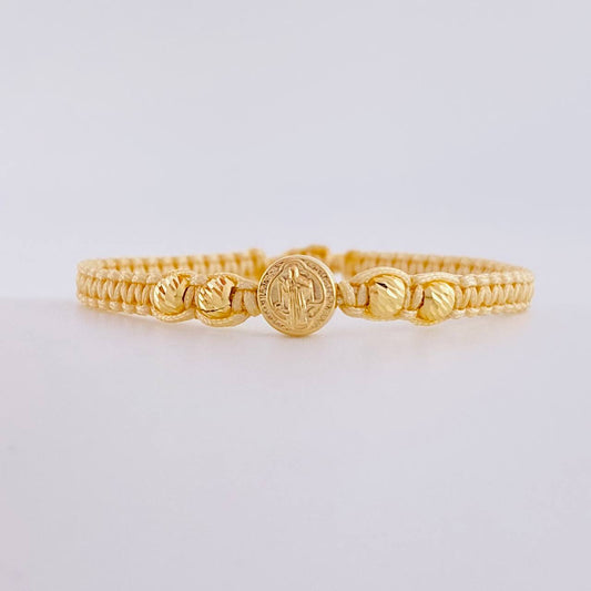 Pulsera Tejida Beige Herraje San Benito Bolas Diamantadas 4Mm / 4 Und Oro Amarillo 18K