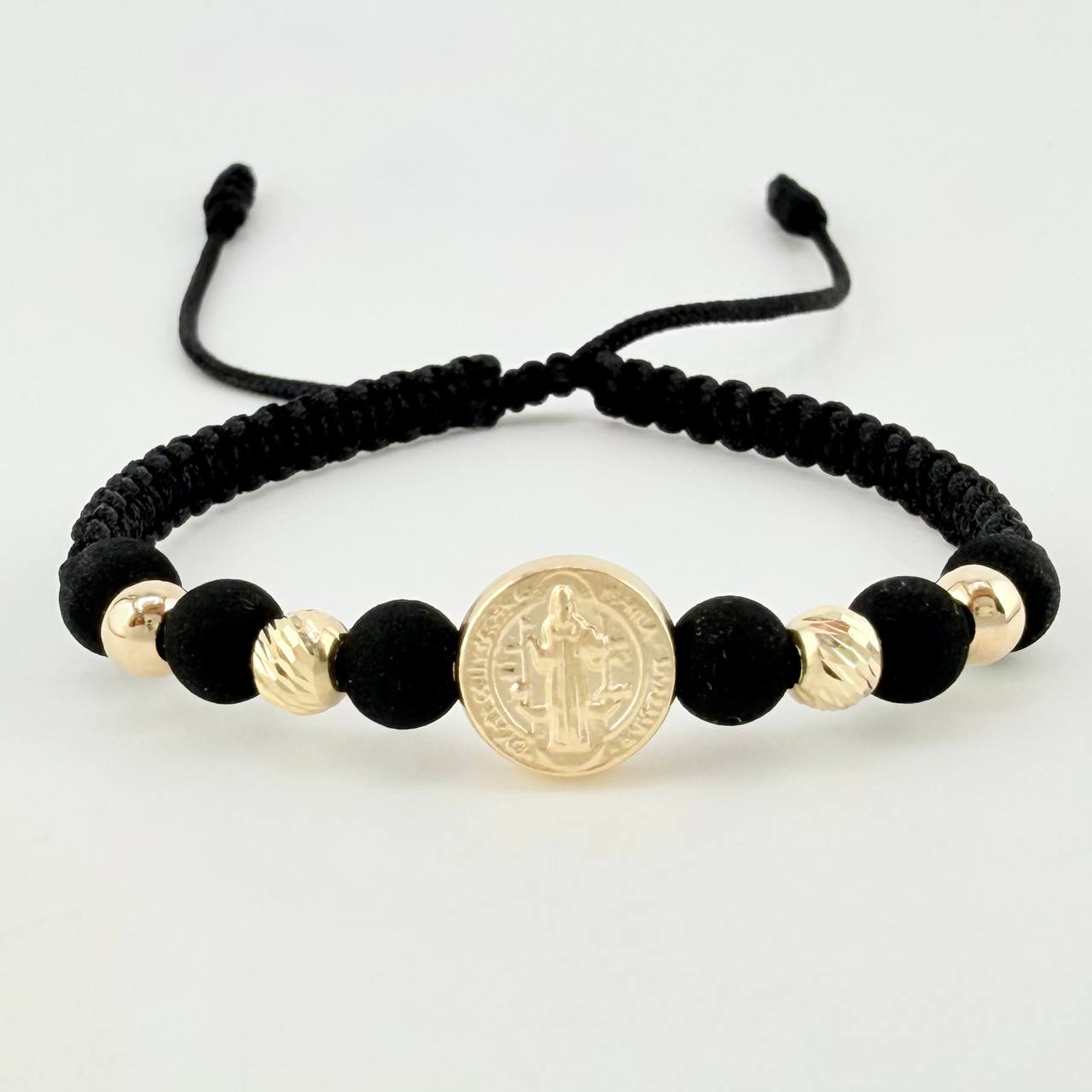 Pulsera Tejida Negra Herraje San Benito Bolas Lisas - Diamantadas 5 Mm / 4 Und Oro Amarillo 18K