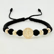 Pulsera Tejida Negra Herraje San Benito Bolas Lisas - Diamantadas 5 Mm / 4 Und Oro Amarillo 18K