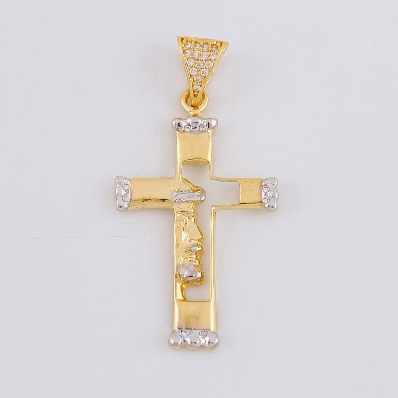 Dije Cruz Silueta Rostro 3.1 g / 1 3/4 in Dos Oros Amarillo Blanco 18K
