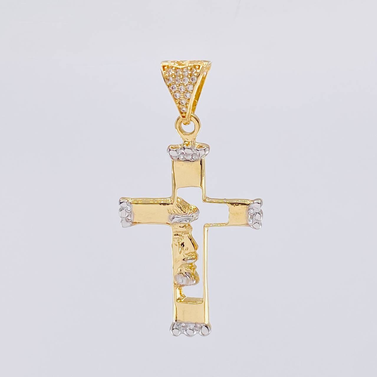 Dije Cruz Silueta Rostro 3.1 g / 1 3/4 in Dos Oros Amarillo Blanco 18K