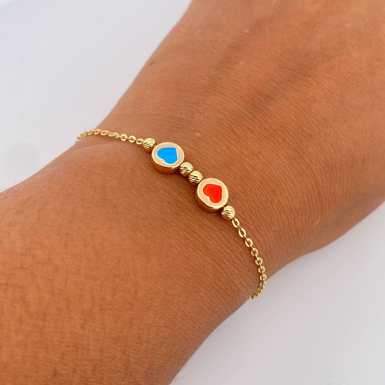 Classic Link Bracelet Hearts 2.15gr / 19.5cm / 3mm Beads Diamond Cut 18K Yellow Gold &