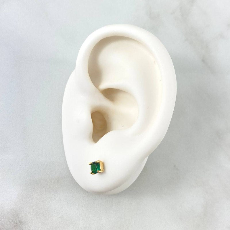 Stud Earrings Box 0.9gr / 4mm Green Zircons 18K Yellow Gold (Jewel) ©