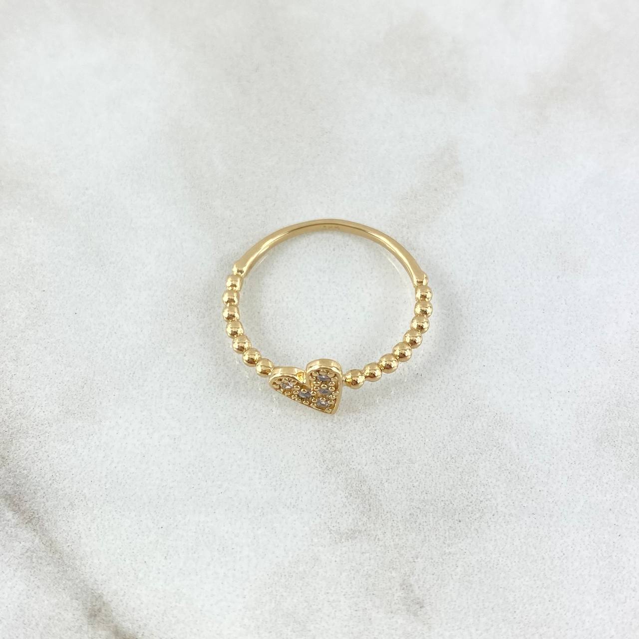 Heart Beads Ring 2.15gr / Size 6 / White Zircons 18K Yellow Gold