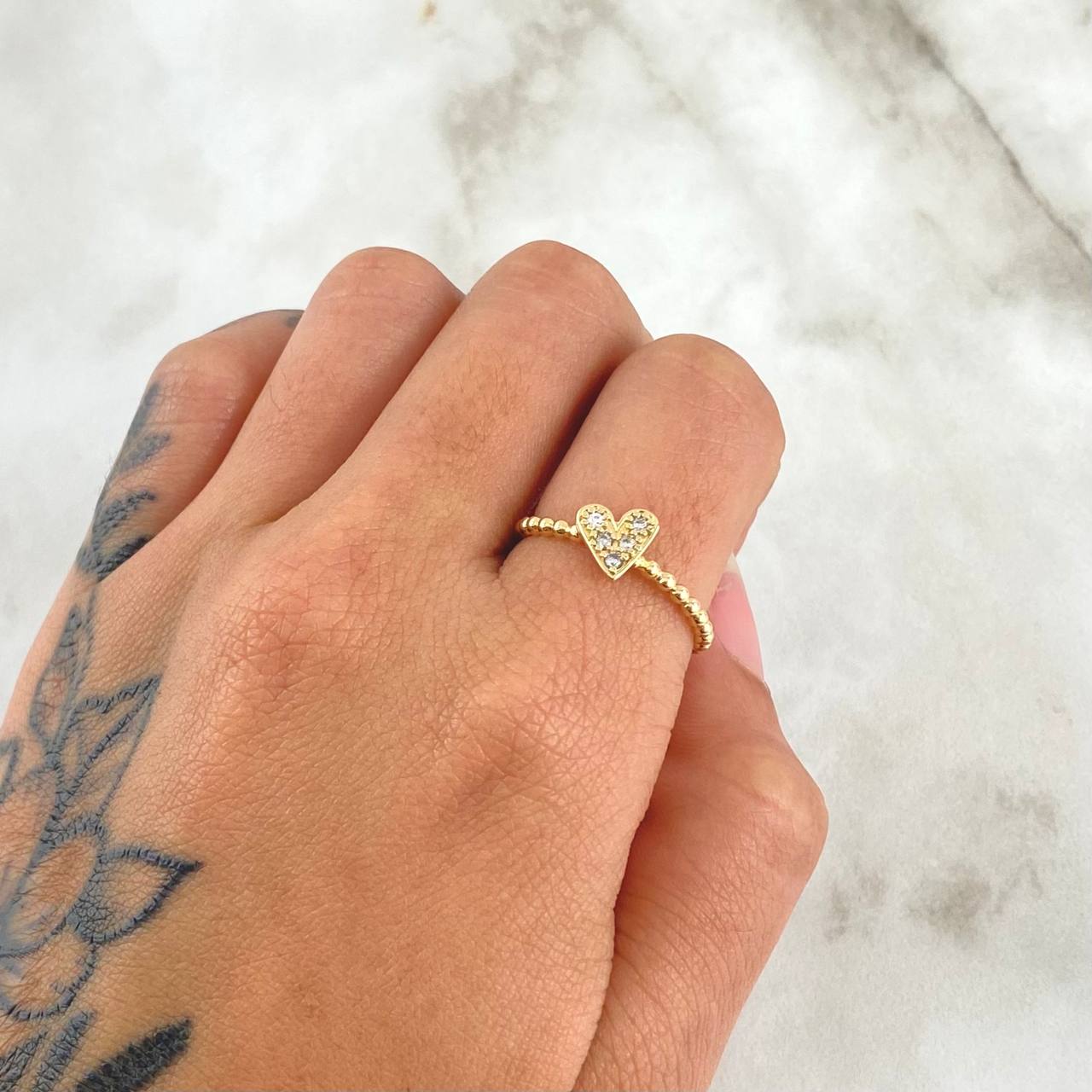 Heart Beads Ring 2.15gr / Size 6 / White Zircons 18K Yellow Gold