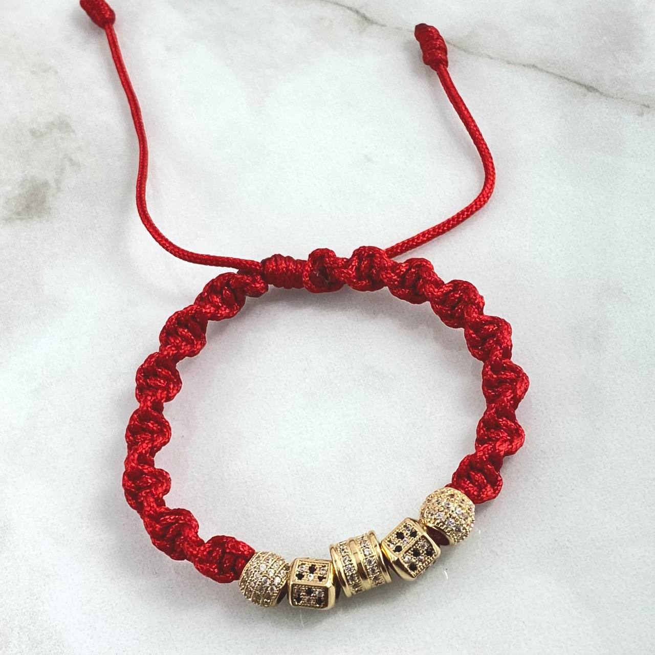 Red Bracelet Cylinder Hexagon Fire Barrel 6.05gr / 7mm-6mm-7mm White-Black Zircons 5 pcs 18K Yellow Gold
