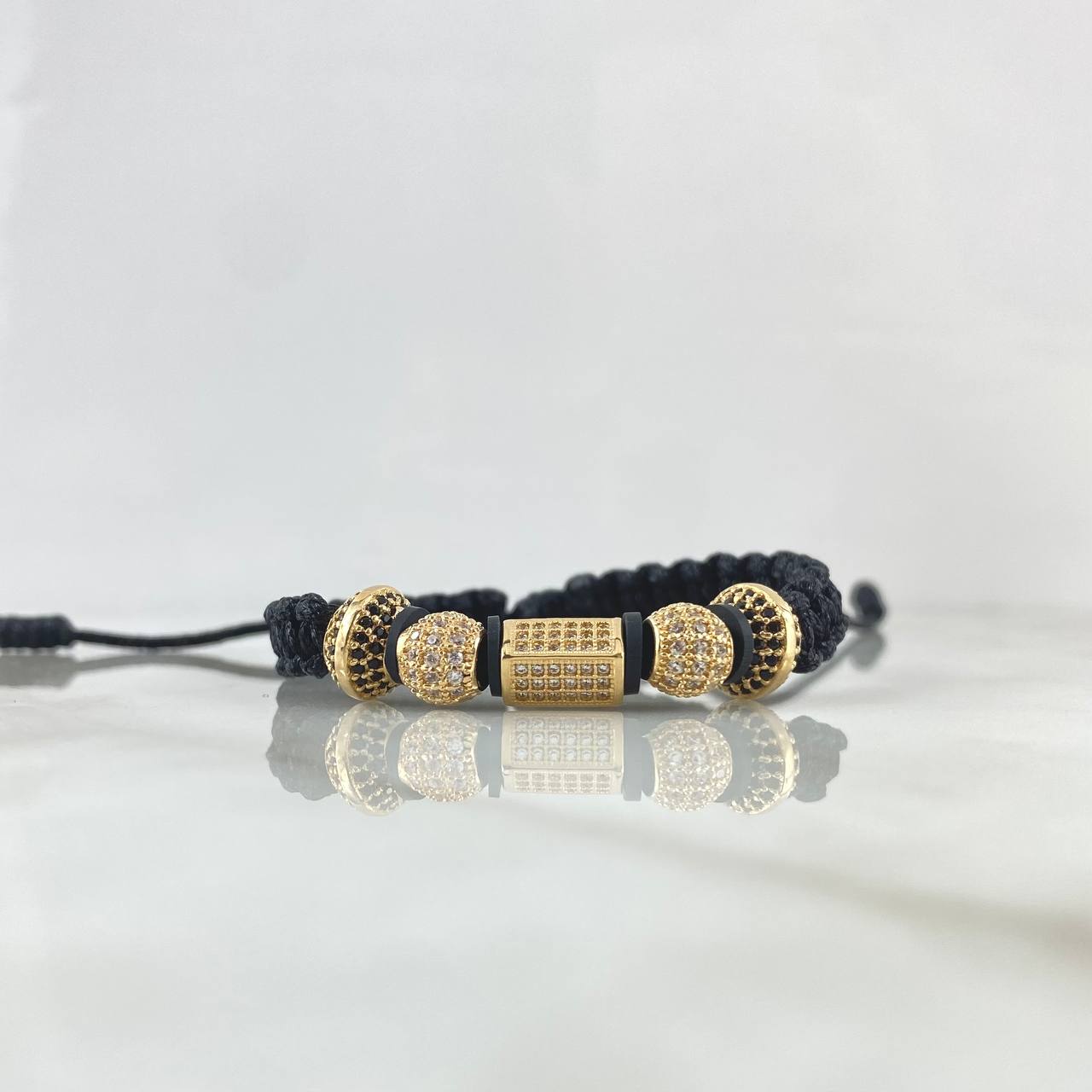Pulsera Negra Cilindro Bolas Barril de Fuego 6.85gr / 5mm-7mm-9mm Circones Blancos-Negros 5 und Oro Amarillo 18K