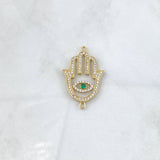 Charm Hamsa Hand 2.9gr / 3.2cm / White Green Zircons 18K Yellow Gold *